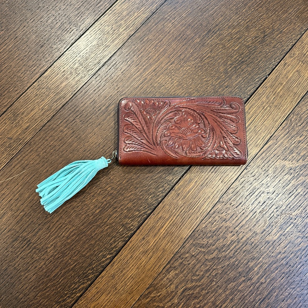 Tooled Leather Wallet with teal tassel